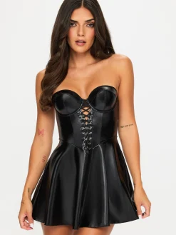 Electra PU Lace Up Detail Skater Dress - Black