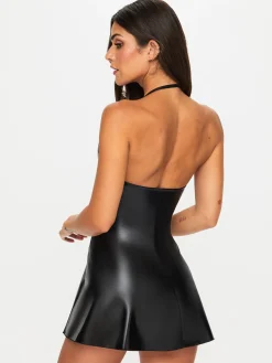 Electra PU Lace Up Detail Skater Dress - Black