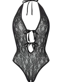 Extravaganza Floral Halterneck Crotchless Lingerie Body - Black