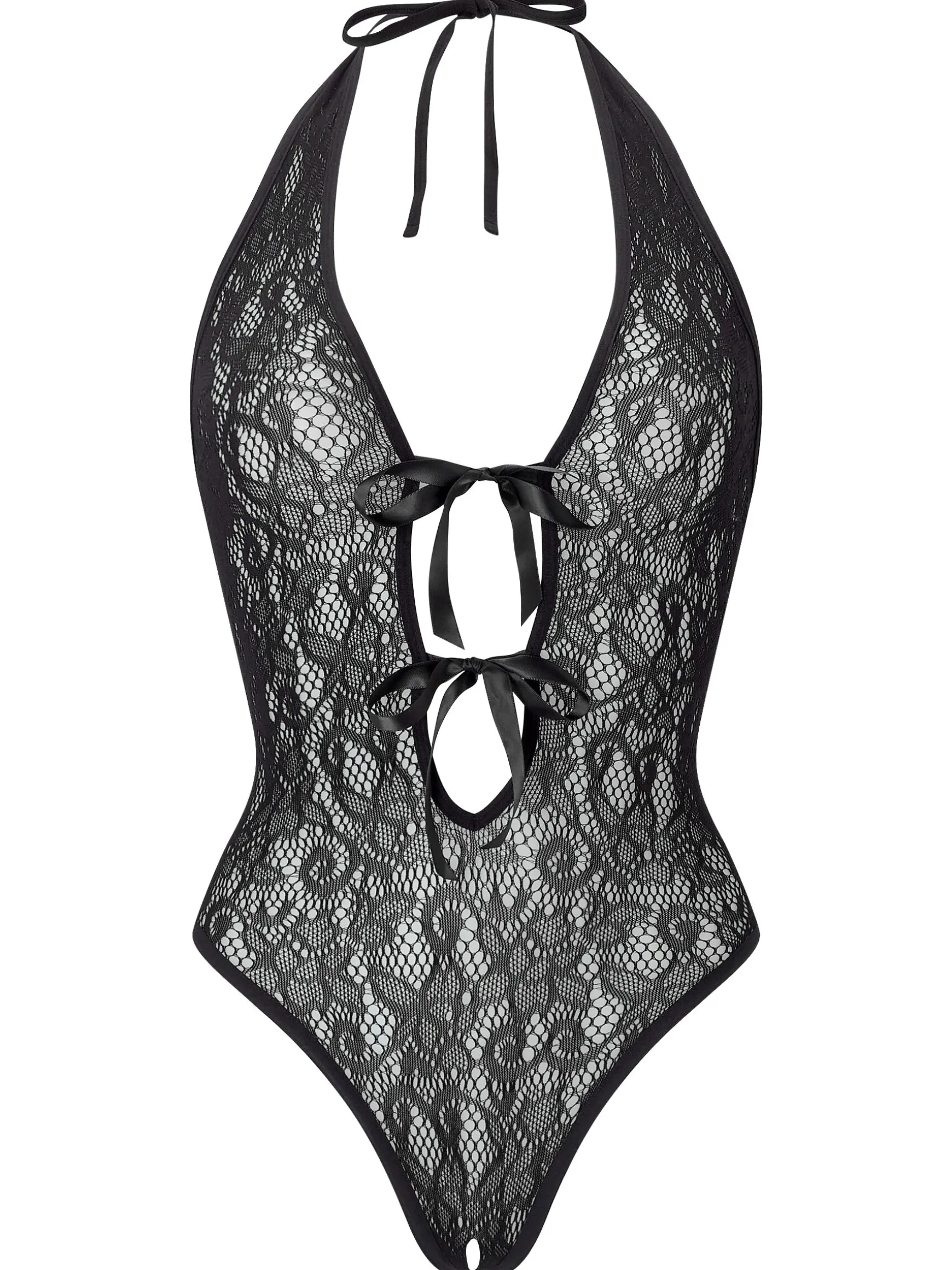 Extravaganza Floral Halterneck Crotchless Lingerie Body - Black