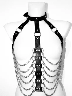Faux Leather Open Cup Harness with Chains