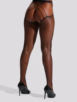 Fishnet Criss-Cross Strappy Crotchless Tights - Black