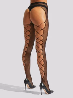Fishnet Lace Up Detail Crotchless Tights - Black