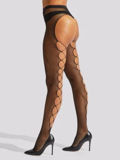 Fishnet Lace Up Detail Crotchless Tights - Black