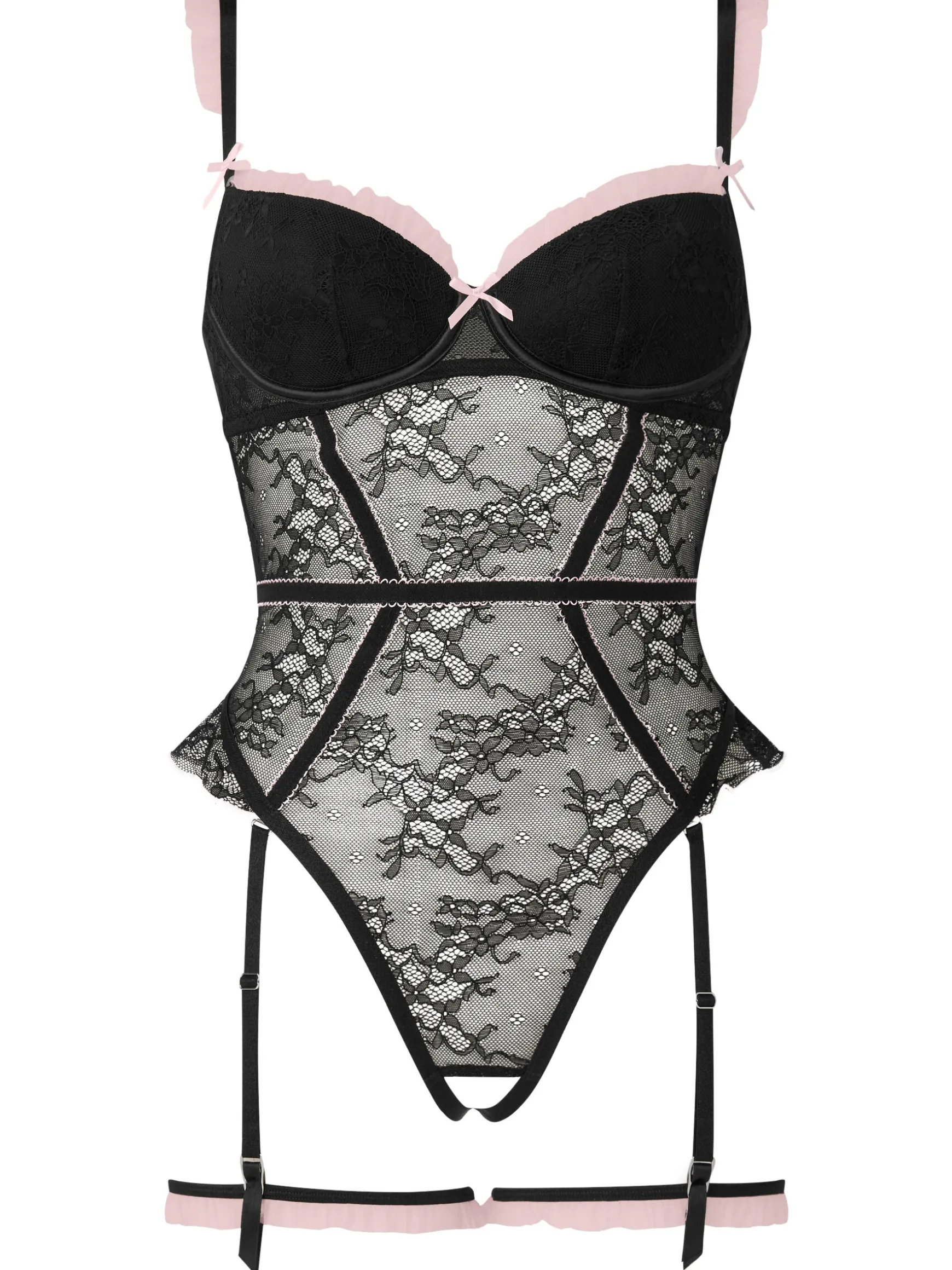 Frill Seeker Lace Padded Crotchless Lingerie Body - Black/Pink