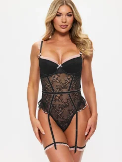 Frill Seeker Lace Padded Crotchless Lingerie Body - Black/Pink