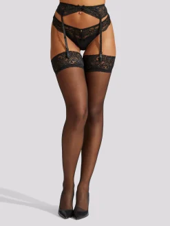 Glossy Lace Stocking & Suspender Set - Black