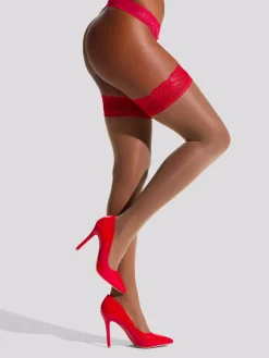 Heart Lace Top Hold Ups - Red