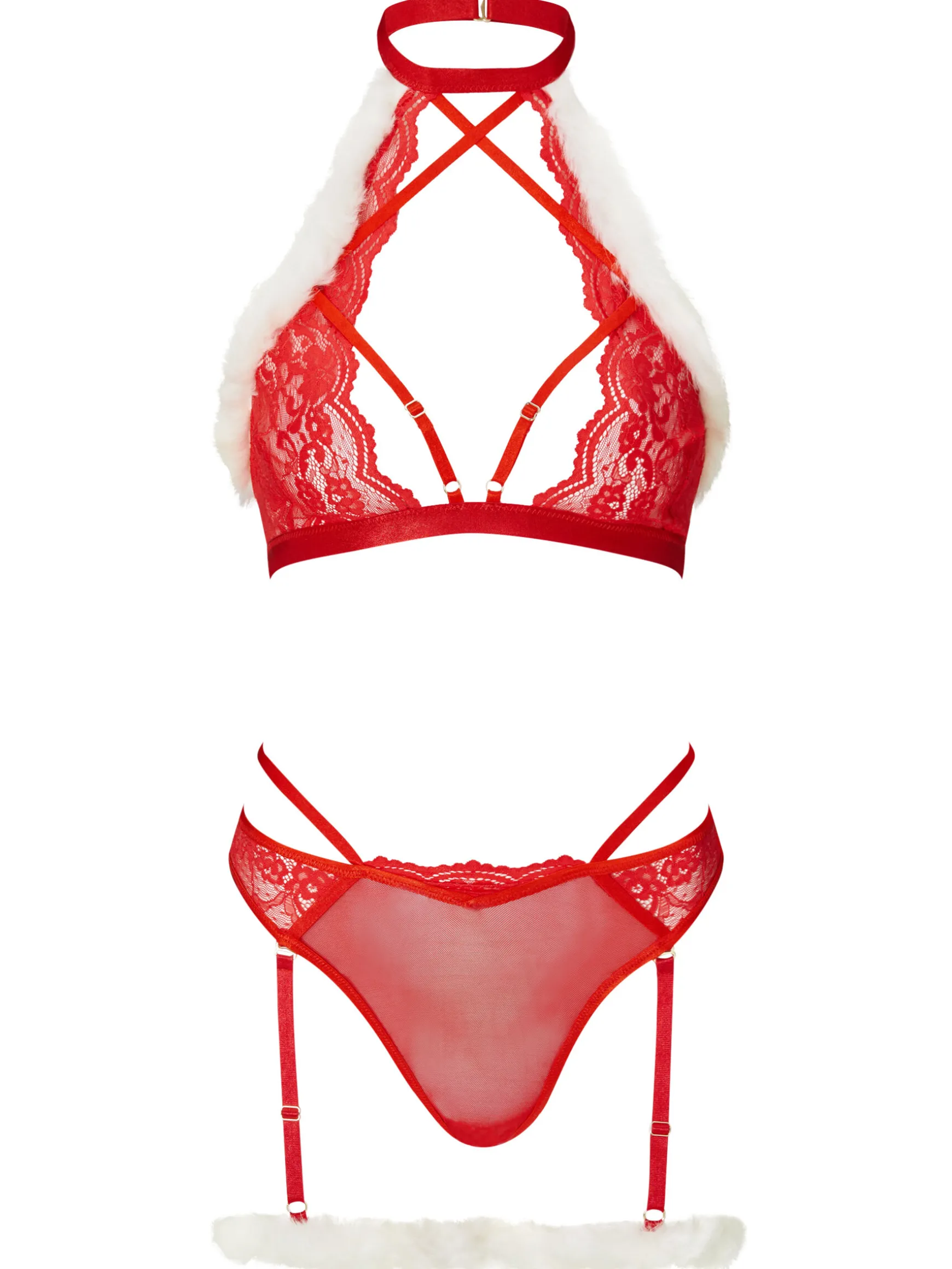 Holly Christmas Lace Crotchless Lingerie 2 Piece Set - Red