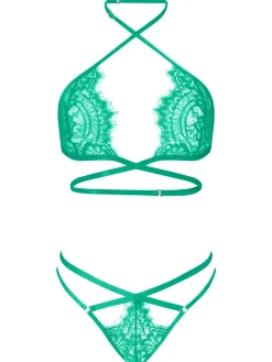 Infinite Lace Crotchless Lingerie 2 Piece Set - Green