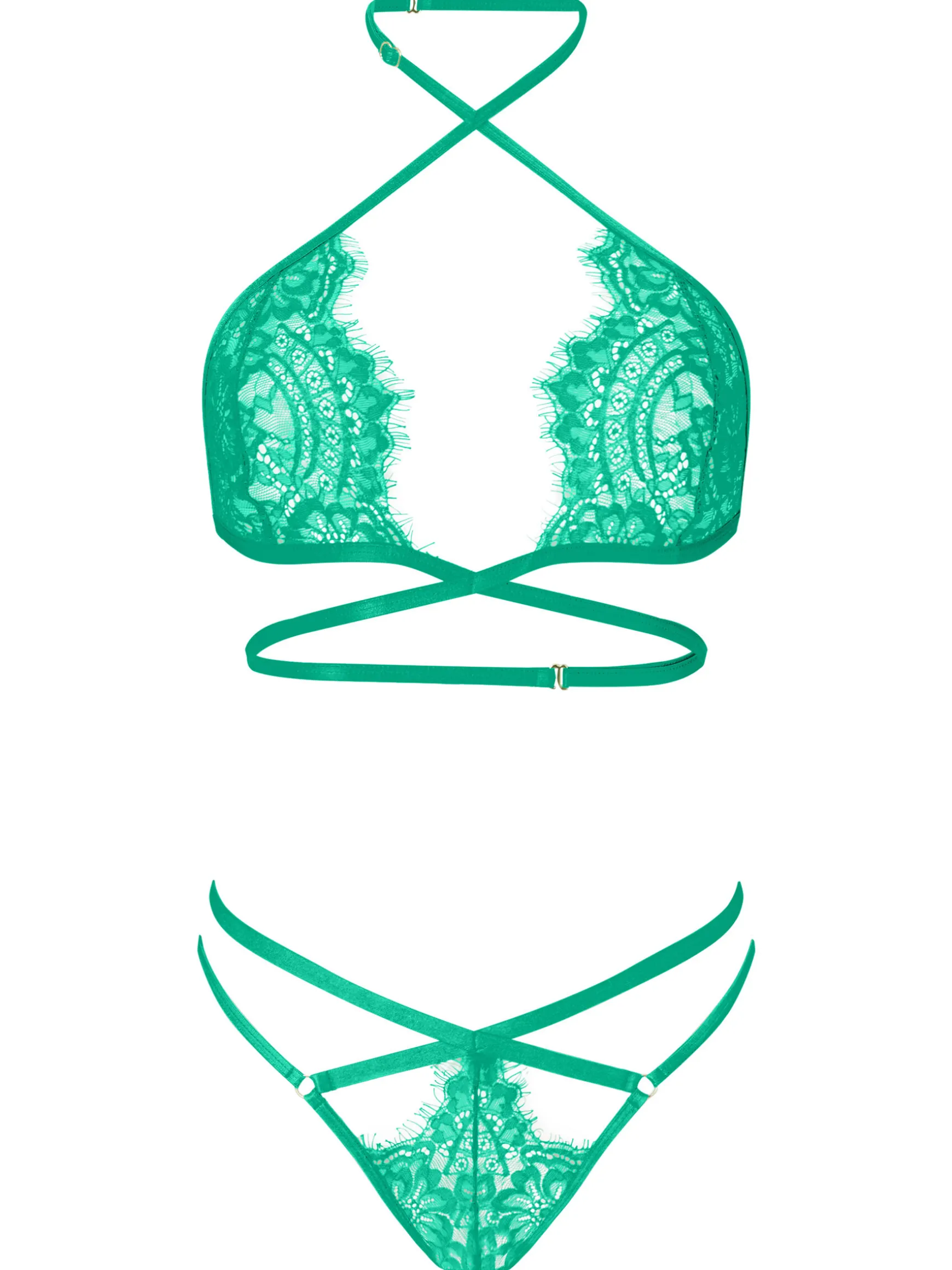 Infinite Lace Crotchless Lingerie 2 Piece Set - Green