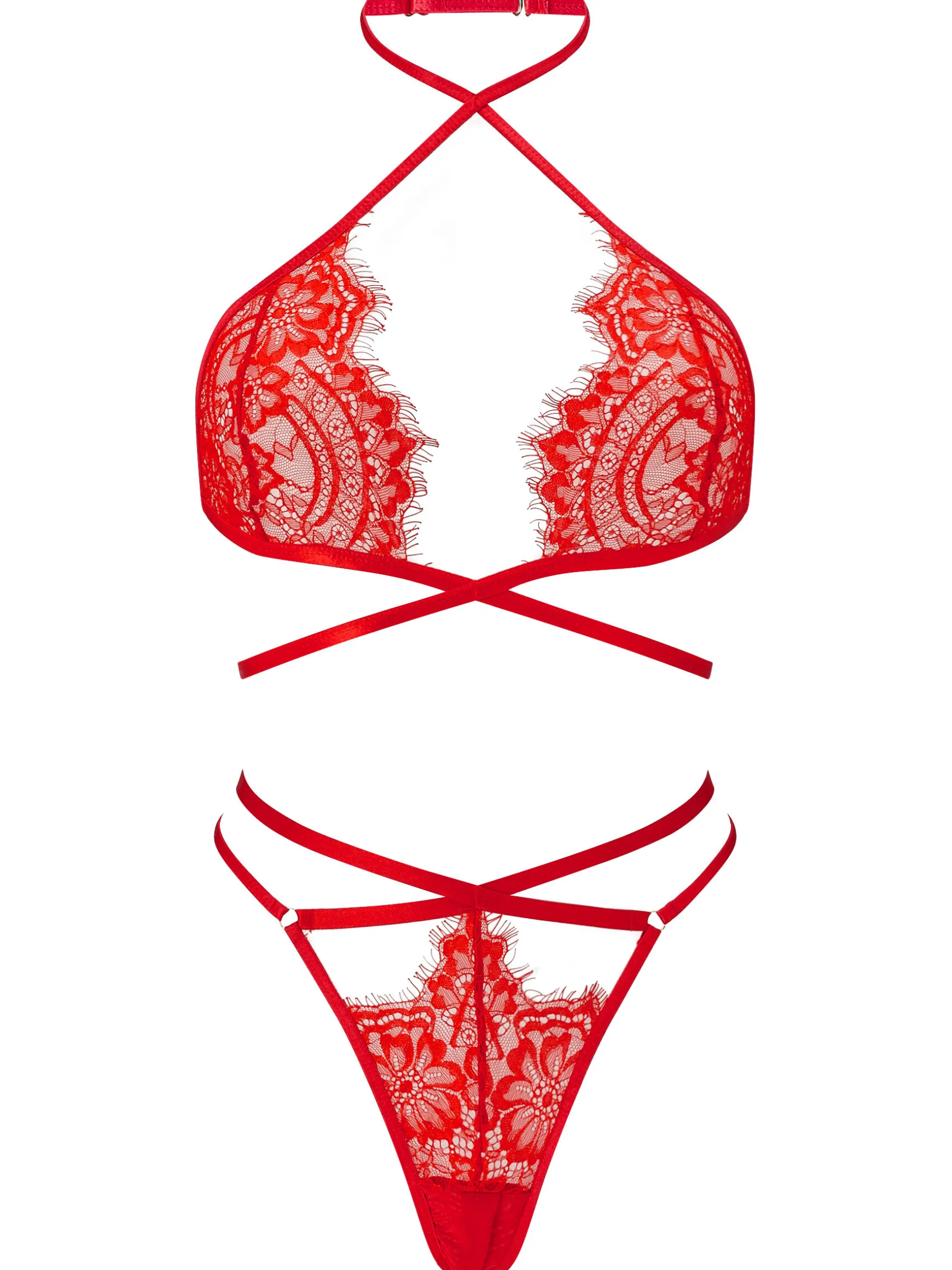 Infinite Lace Crotchless Lingerie 2 Piece Set - Red