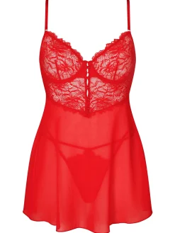 Iris Lace Underwired Babydoll Lingerie 2 Piece Set - Red