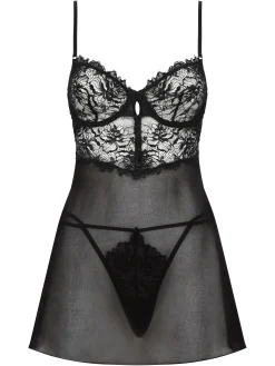 Iris Lace Underwired Babydoll Lingerie 2 Piece Set - Black