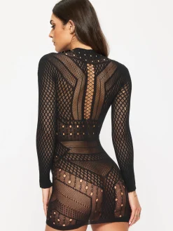 Janelle Lace Mini Fishnet Dress - Black