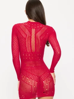 Jewelled Janelle Mini Fishnet Dress - Red