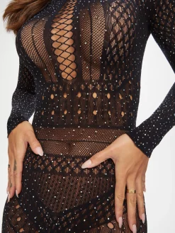Jewelled Janelle Mini Fishnet Dress - Black