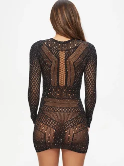 Jewelled Janelle Mini Fishnet Dress - Black