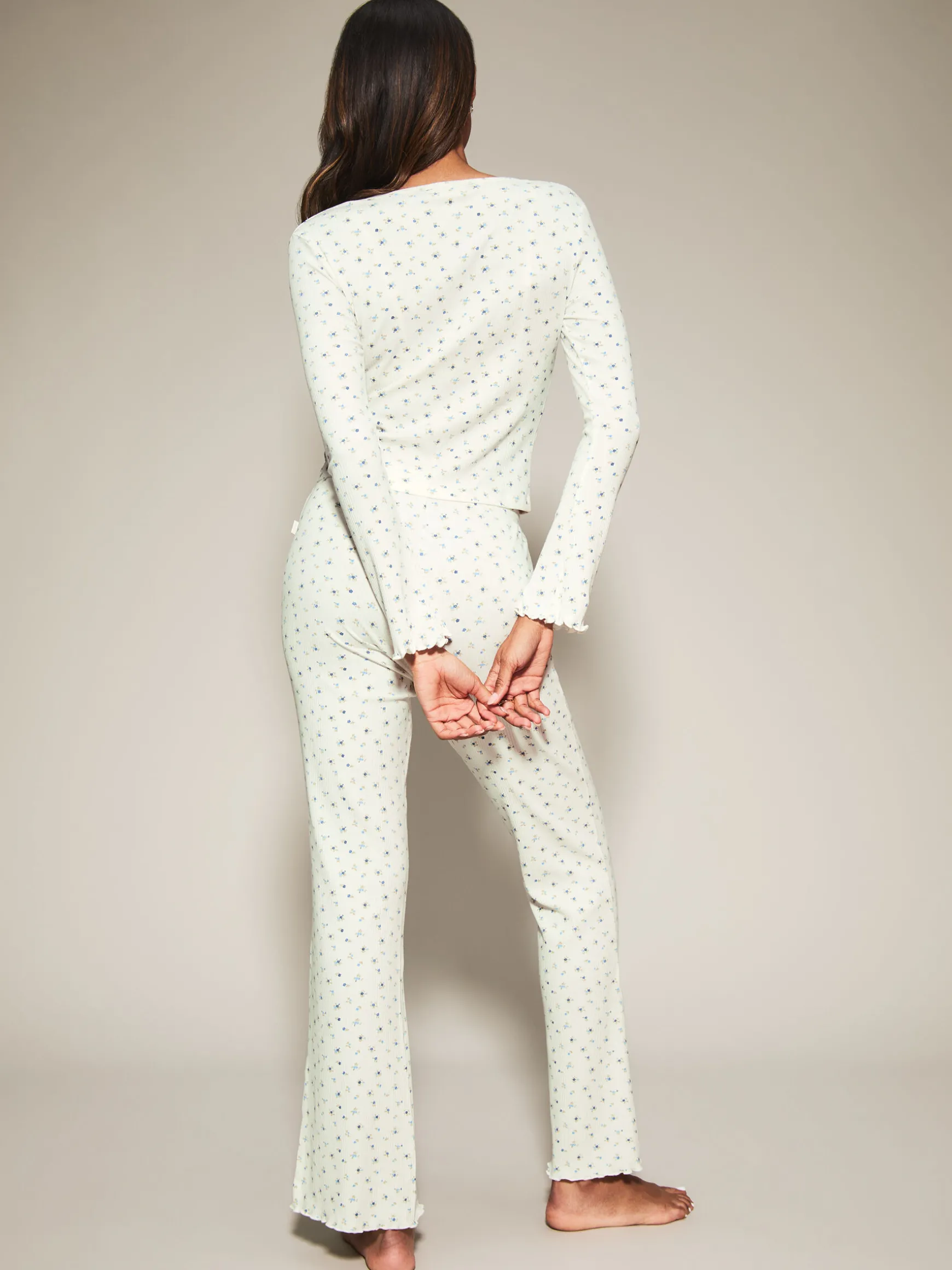 Knickerbox Floral Ribbed Long Sleeve Pyjama Top & Trouser Set - Ivory