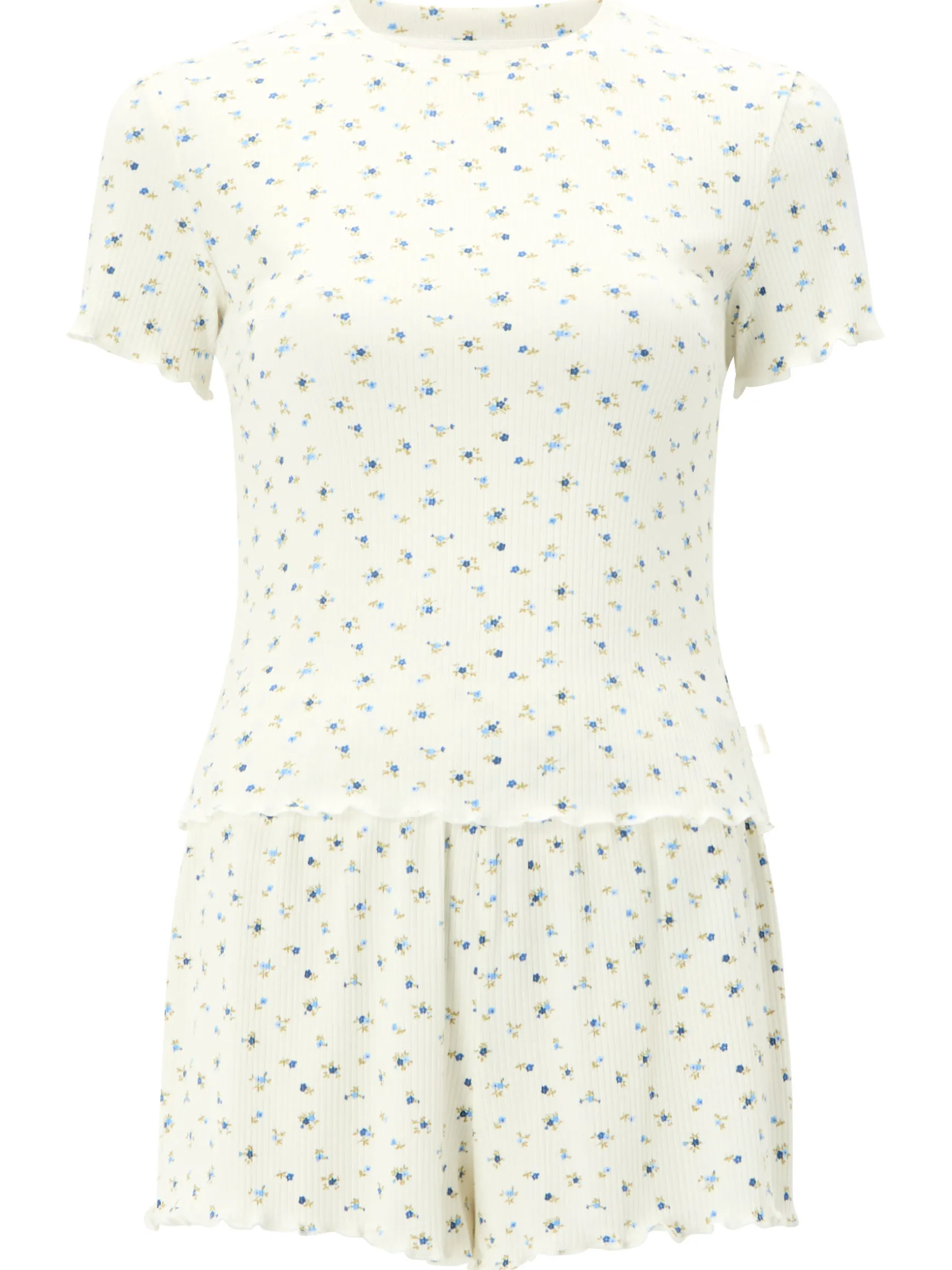 Knickerbox Floral Ribbed Long Sleeve Pyjama Top & Trouser Set - Ivory