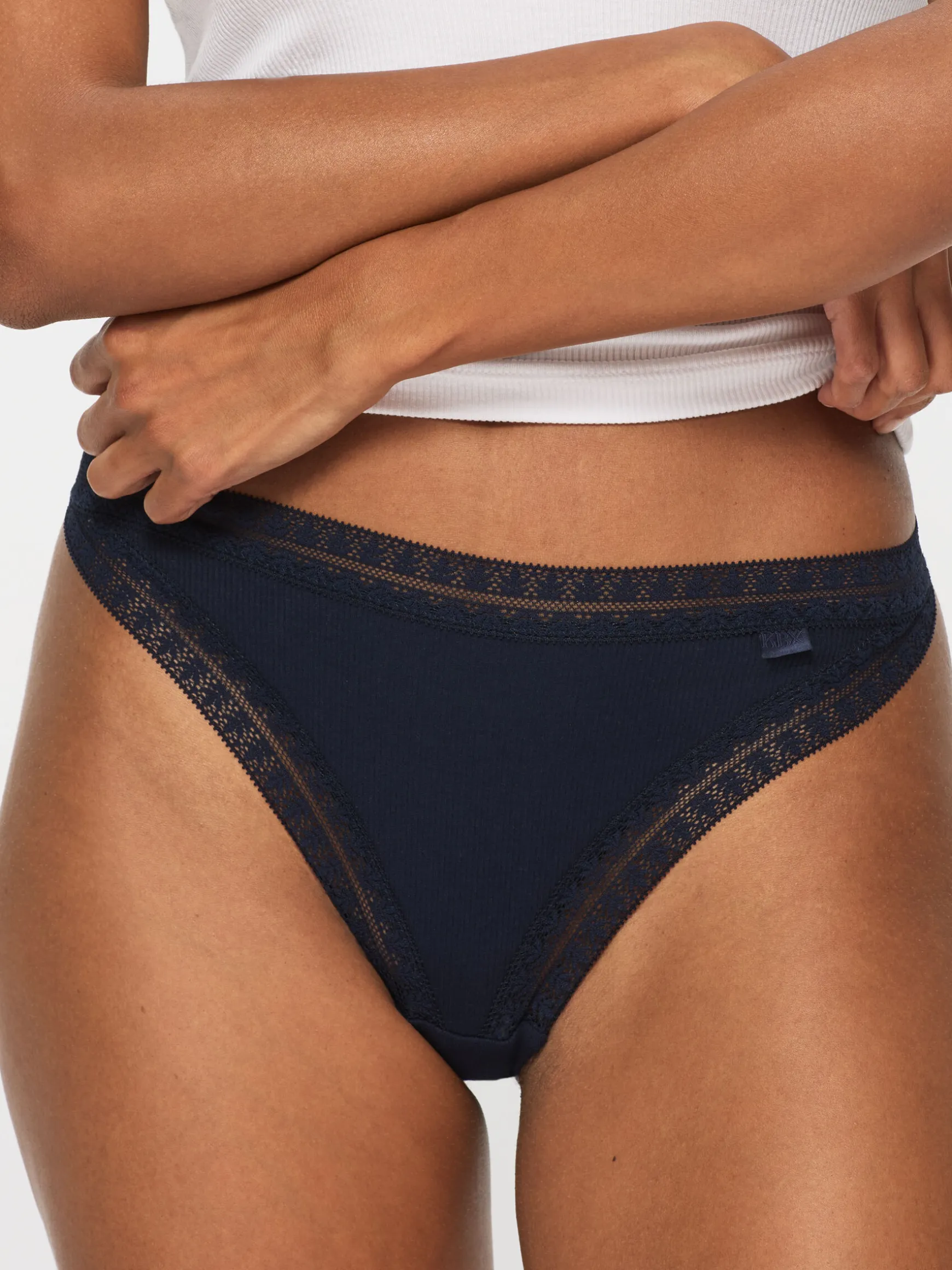 Knickerbox Geometric Lace Trim Cotton Thong - Pack of 3 - Navy