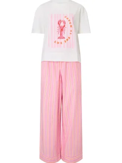 Knickerbox Lobster Stripe Pyjama T-Shirt & Trouser Set - Bright Pink