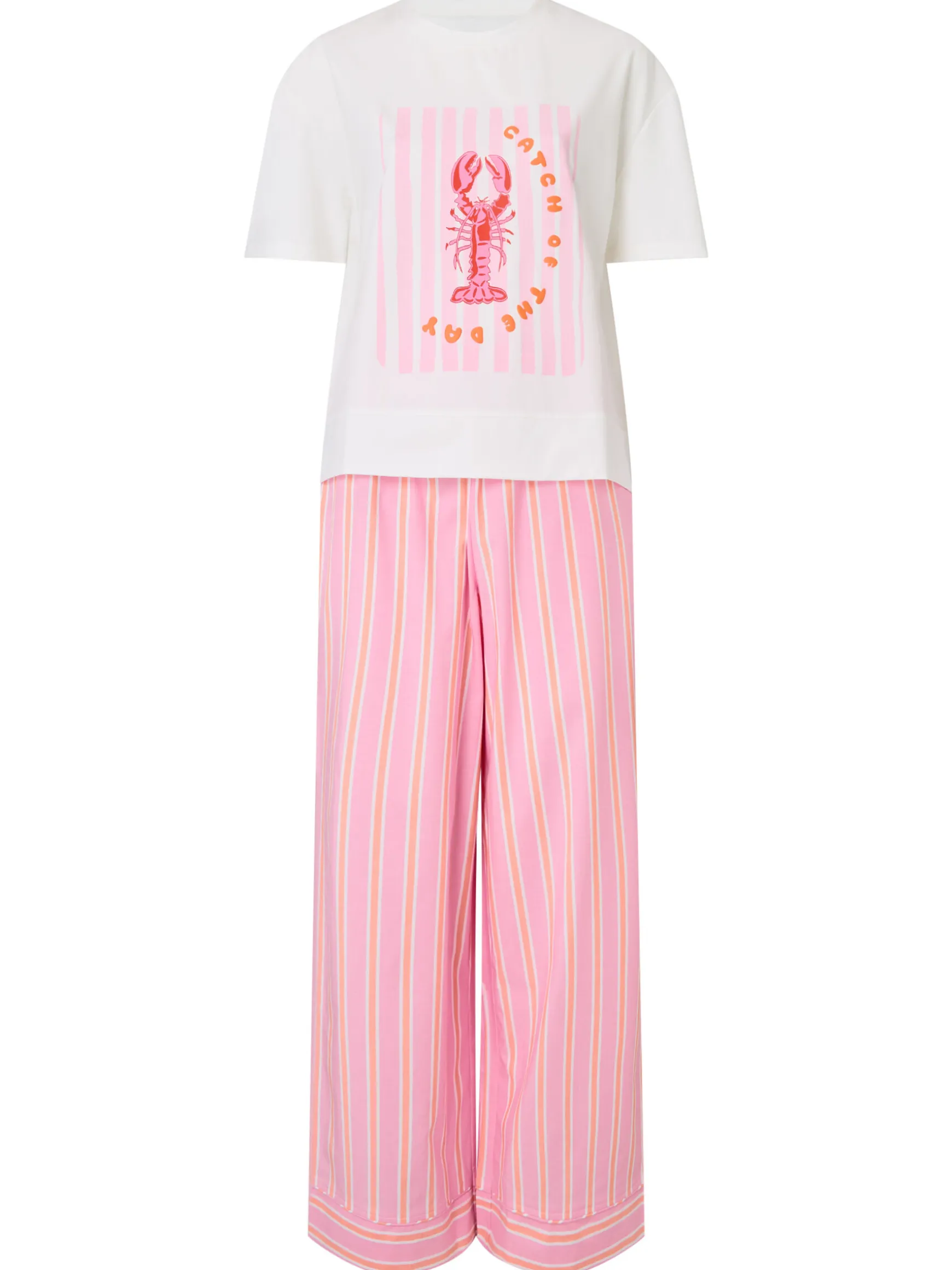 Knickerbox Lobster Stripe Pyjama T-Shirt & Trouser Set - Bright Pink