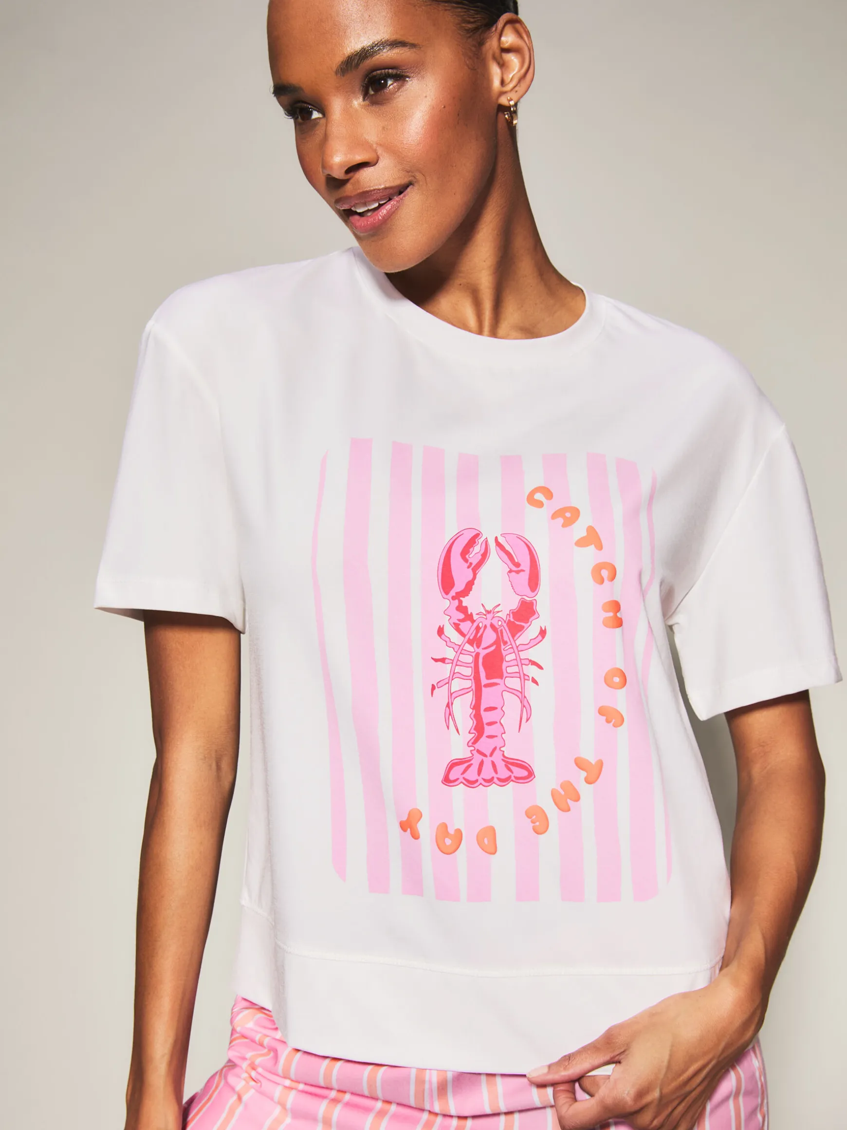 Knickerbox Lobster Stripe Pyjama T-Shirt & Trouser Set - Bright Pink
