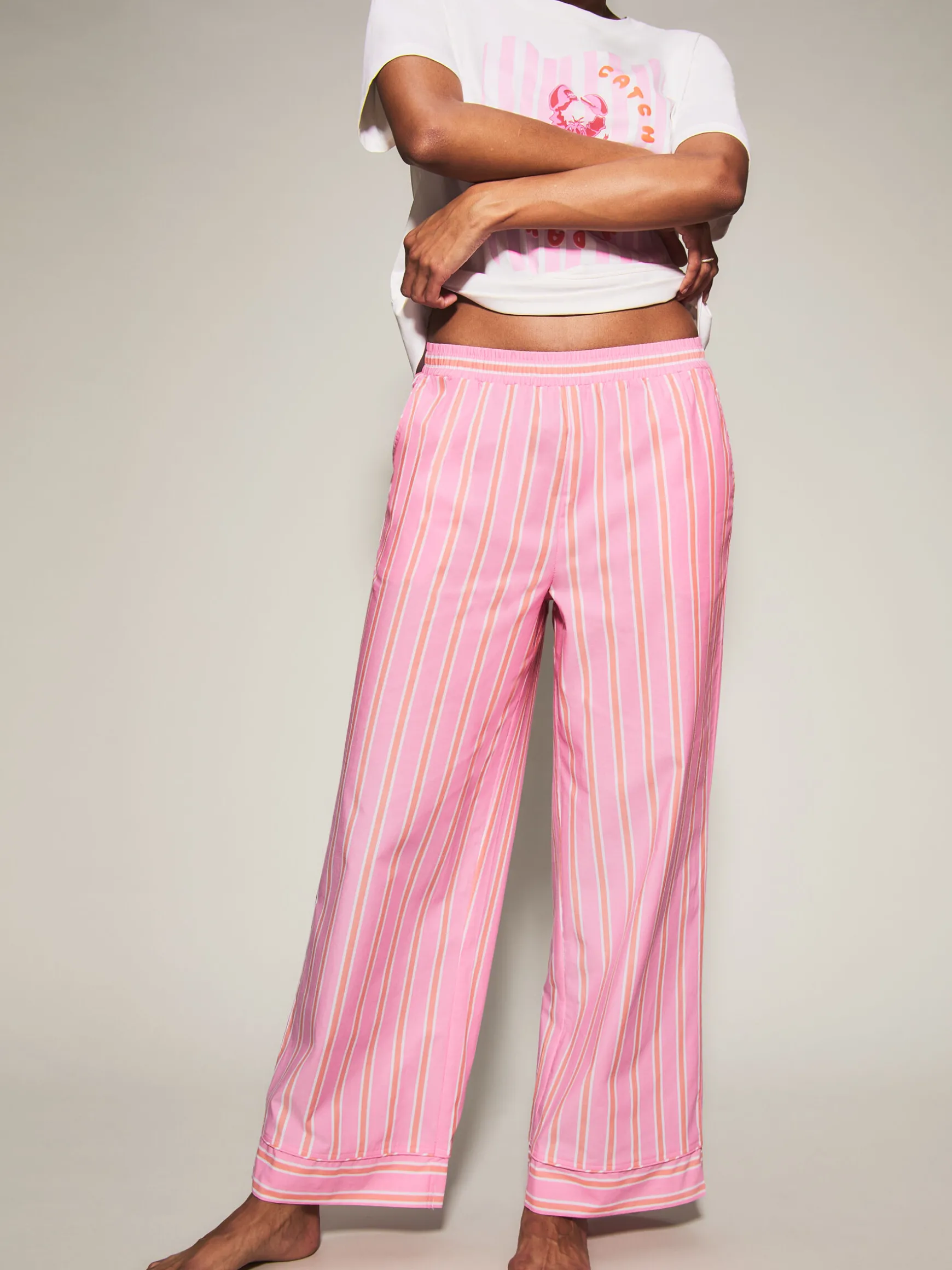 Knickerbox Lobster Stripe Pyjama T-Shirt & Trouser Set - Bright Pink