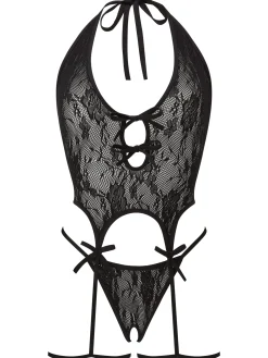 Kourtney Lace Crotchless Cami Suspender 2 Piece Set - Black