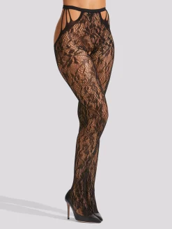 Lace Strappy Crotchless Tights - Black