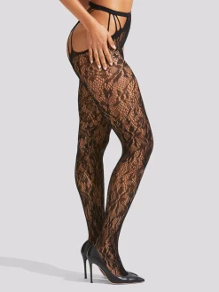 Lace Strappy Crotchless Tights - Black