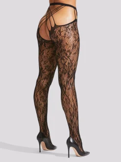 Lace Strappy Crotchless Tights - Black