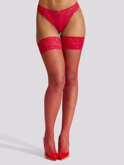 Lace Top Fishnet Hold Ups - Red