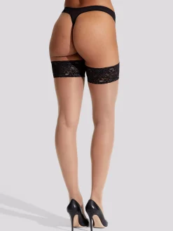 Lace Top Glossy Hold Ups - Nude/Black