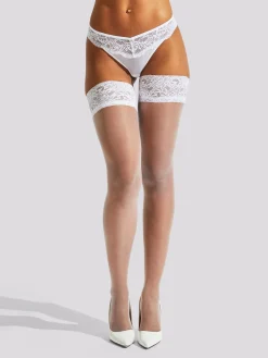 Lace Top Glossy Hold Ups - White