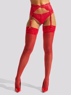 Lace Top Glossy Stockings - Red