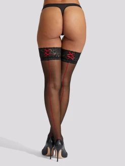 Lace Top Seamed Glossy Hold Ups - Black/Red
