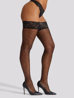 Lace Top Spot Hold Ups - Black
