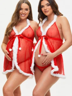 Let It Snow Christmas Babydoll Lingerie 2 Piece Set - Red
