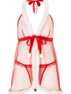 Let It Snow Christmas Babydoll Lingerie 2 Piece Set - Red