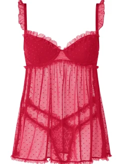 Locked On Love Crotchless Babydoll Lingerie 2 Piece Set - Red