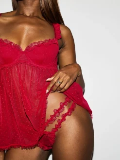Locked On Love Crotchless Babydoll Lingerie 2 Piece Set - Red