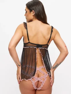 Locked On Love Crotchless Babydoll Lingerie 2 Piece Set - Black/Pink