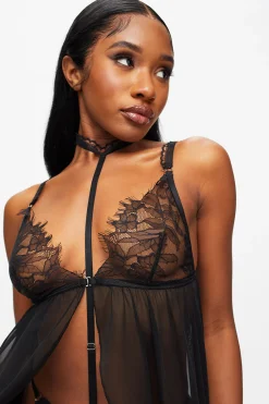 Loveable Touch Lace Crotchless Babydoll Lingerie 2 Piece Set - Black