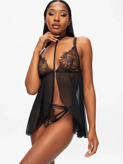 Loveable Touch Lace Crotchless Babydoll Lingerie 2 Piece Set - Black