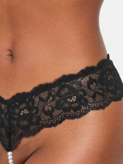 Lucky Night Lace Pearl Crotchless String - Black
