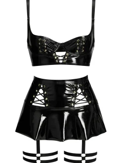 Lustful Lure PU Skirt with Detachable Suspenders - Black