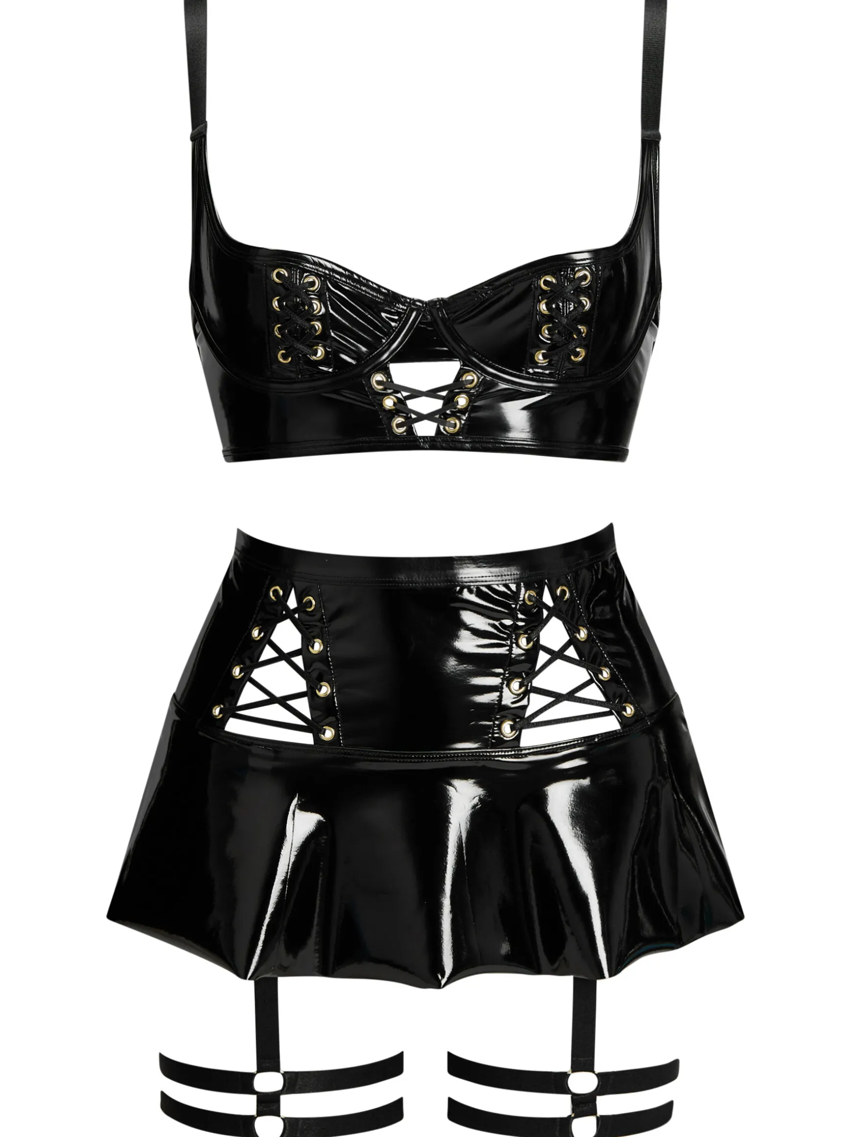 Lustful Lure PU Skirt with Detachable Suspenders - Black