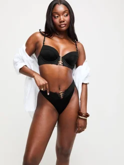 Miami Dreams High Waisted Thong Bikini Bottoms - Black